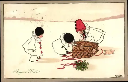 Künstler Ak Ebner, Pauli, Joyeux Noel,, Kinder, Korb, ausbüchsende Schweine, Mistelstrauß