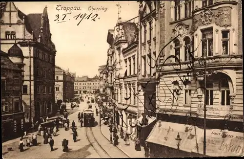 Ak Opava Troppau Region Mährisch Schlesien, Oberring, Straßenbahn