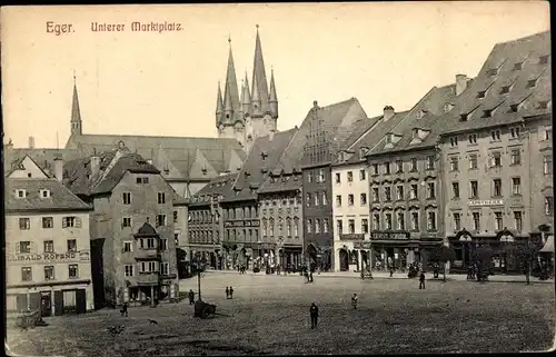 Ak Cheb Eger Region Karlsbad, Unterer Marktplatz, Apotheke, Geschäftshäuser