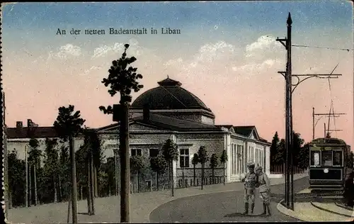 Ak Liepaja Libau Lettland, An der neuen Badeanstalt, Straßenbahn
