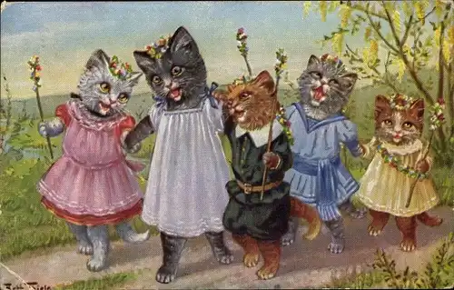 Künstler Ak Thiele, Arthur, Vermenschlichte Katzenkinder mit Blumenkränzen
