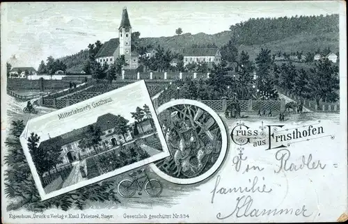 Litho Ernsthofen im Odenwald Modautal, Mitterlehner's Gasthaus, Ortsansicht, Kirche
