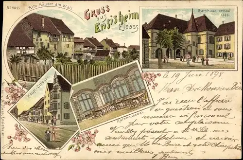 Litho Ensisheim Elsass Haut Rhin, Alte Häuser am Wall, Rathaus, Rathaussaal, Hauptstraße