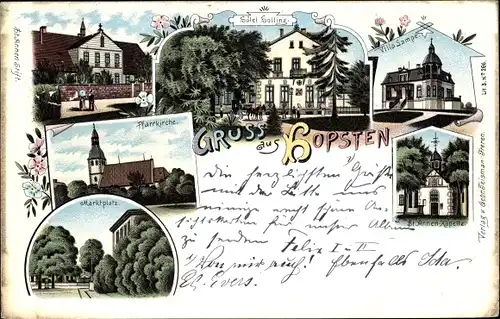 Litho Hopsten in Westfalen, Villa Lampe, Villa Siering, Pfarrkirche, Kapelle, Marktplatz, Hotel