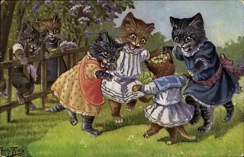 Künstler Ak Thiele, Arthur, Vermenschlichte spielende Katzenkinder