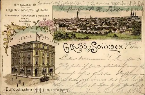 Litho Solingen in Nordrhein Westfalen, Hotel Restaurant Europäischer Hof, Stadtansicht