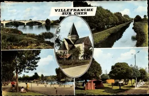 Ak Villefranche sur Cher Loir et Cher, Le Cher et le pont de St Julien, Le canal de Berry, L'Eglise