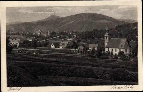 Ak Jonsdorf in Sachsen, An der Kirche, Panorama