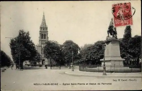 Ak Neuilly sur Seine Hauts de Seine, Église Saint Pierre et Statue de Perronet