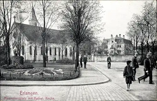 Ak Erlangen in Mittelfranken Bayern, Maximiliansplatz, Katholische Kirche