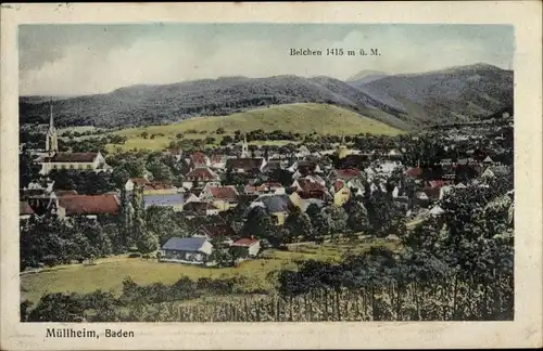 Ak Müllheim in Baden, Totalansicht vom Ort, Belchen