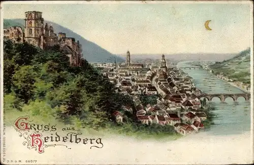 Halt gegen das Licht Litho Heidelberg am Neckar, Stadtpanorama, Schloss