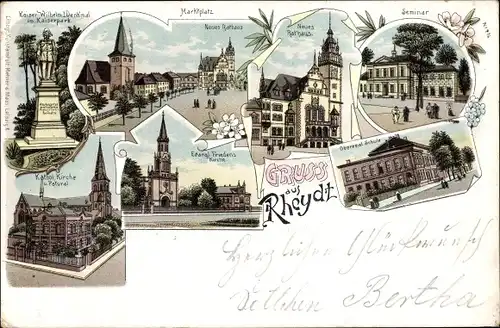 Litho Rheydt Mönchengladbach im Ruhrgebiet, Kaiser Wilhelm Denkmal, Neues Rathaus, Seminar