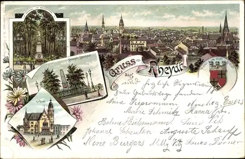 Litho Rheydt Mönchengladbach am Niederrhein, Stadtwappen, Rathaus, Bismarck Denkmal