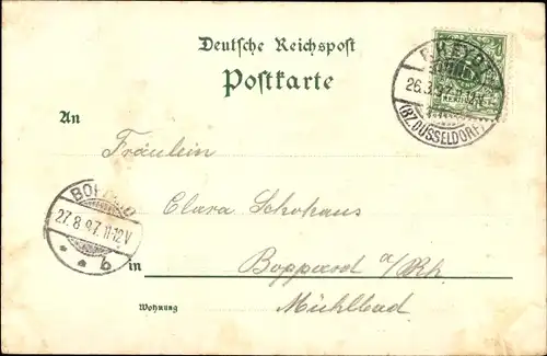 Litho Rheydt Mönchengladbach am Niederrhein, Stadtwappen, Rathaus, Bismarck Denkmal