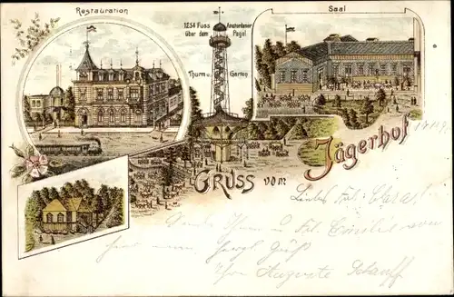 Vorläufer Litho Barmen Wuppertal, Restauration Jägerhof, Aussichtsturm, 1895