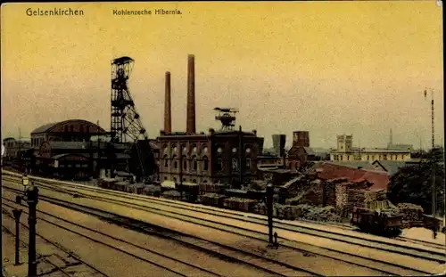 Ak Gelsenkirchen im Ruhrgebiet, Kohlenzeche Hibernia, Eisenbahnschienen
