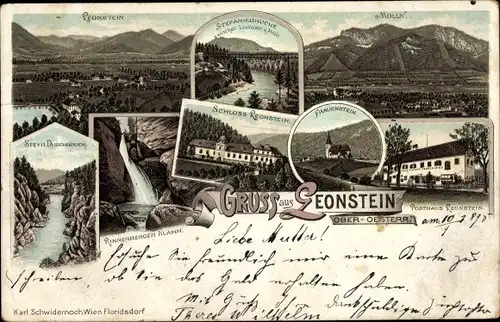 Vorläufer Litho Leonstein in Oberösterreich, Schloss, Posthaus, Rinnersberger Klamm, Molln, 1895