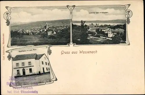Jugendstil Ak Wassenach in der Eifel, Laacher See mit Kloster, Gasthaus
