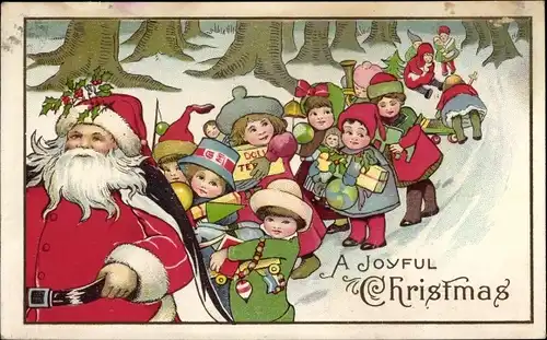 Ak Glückwunsch Weihnachten, Weihnachtsmann und Kinder mit Geschenken