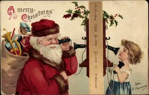 Künstler Präge Litho Clapsaddle, Glückwunsch Weihnachten, Weihnachtsmann telefoniert mit Mädchen
