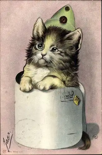 Künstler Ak Vermenschlichte Katze, Handmanschette, Hut, Monokel
