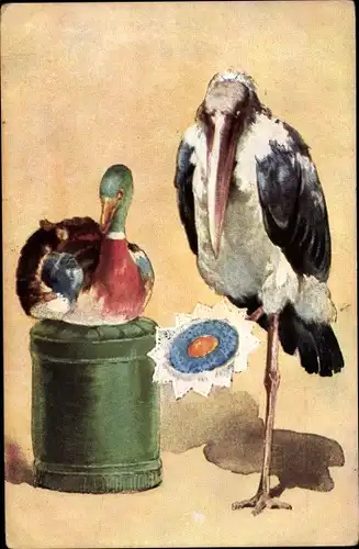 Künstler Ak Ente und Marabu mit Blumenstrauß