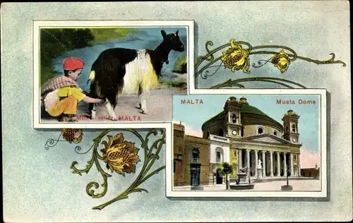 Passepartout Ak Malta, Milk seller, Musta Dome, Ziegenmilchverkäufer