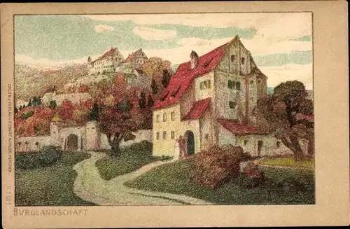 Litho Burglandschaft, Blick auf eine Ortschaft