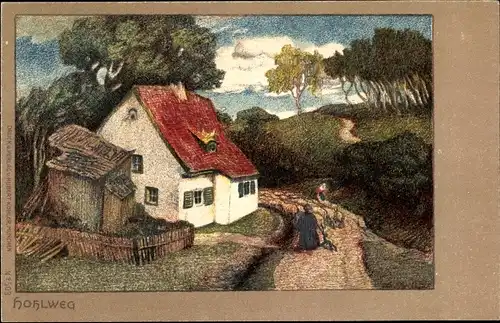 Litho Hohlweg, Hirte mit Schafherde, Bauernhaus