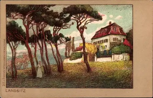 Litho Landsitz, Villa auf dem Land, Garten, Frau zwischen Bäumen