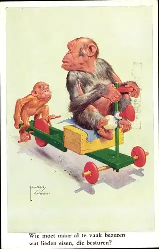 Künstler Ak Wood, Lawson, Zwei Affen mit Dreirad