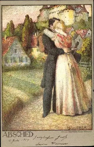 Künstler Litho Weber, H. J., Abschied, Liebespaar, Umarmung