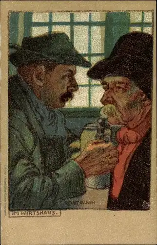 Künstler Litho Ullrich, Männer im Wirtshaus, Bierkrug