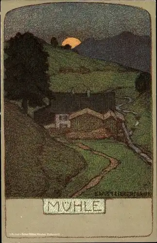 Künstler Litho Liebermann, Ernst, Mühle, Nachtansicht