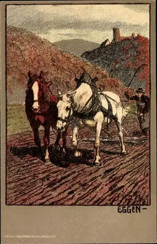 Künstler Litho Eggen, Bauer mit Pferdepflug auf dem Feld