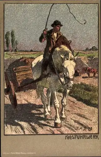 Künstler Litho Kiesfuhrwerk, Bauer, Pferd