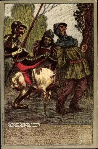 Künstler Litho Schultz, Schlechte Zahlung, Ritter tritt Bauern, Schwein