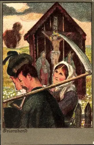 Künstler Litho Seiler, Feierabend, Bauern auf dem Heimweg, Sense