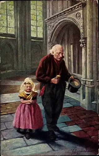 Künstler Ak Gerstenhauer, Johann Georg, Mann und kleines Mädchen in der Kirche