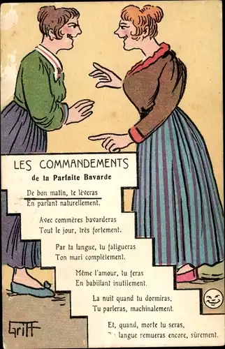 Künstler Ak Griff, Les Commandements de la Parfaite Bavarde, Zwei Frauen, Gespräch