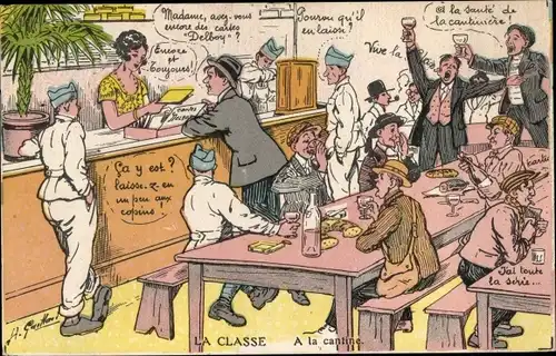 Künstler Ak Ak Soldatenleben, Französische Soldaten, Kantine, Essen, La Classe, A la Cantine