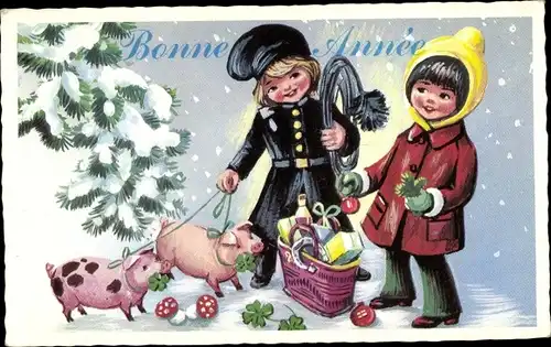 Ak Glückwunsch Neujahr, Kinder, Schornsteinfeger, Schweine, Glücksklee, Hufeisen