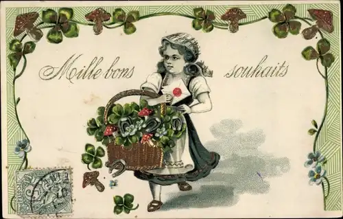 Präge Ak Glückwunsch Neujahr, Mädchen mit Korb, Kleeblätter, Fliegenpilze, Hufeisen