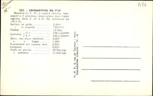 Ak Französische Eisenbahn, Dampflokomotive, Les Locomotives Francaises, PLM, Machine No. C 22