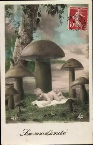 Ak Souvenir d'Amitie, Geburt, Baby, Pilze