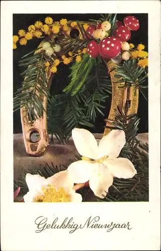 Ak Glückwunsch Neujahr, Hufeisen, Blumen, Pilze, Tannzweige