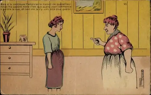 Künstler Ak Gespräch zweier Frauen, Kommode, Blume, Mais si tu continues t'empliras