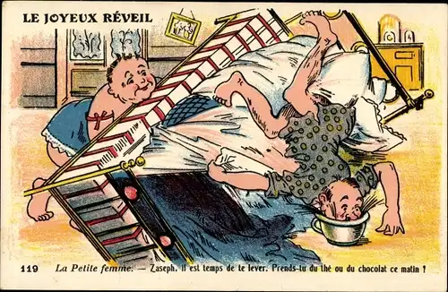 Ak Ehehumor, Mann vom Bett gestürzt, Nachttopf, Le Joyeux Reveil, La Petite femme