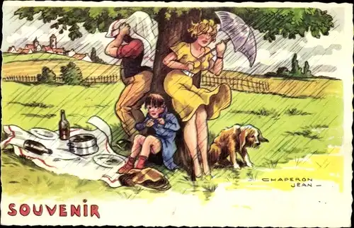Künstler Ak Chaperon, J., Urlauber, Picknick, Essen, Regnerisches Wetter